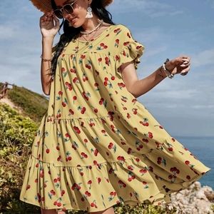 SHEIN Yellow Cherry Print Tiered Midi Dress